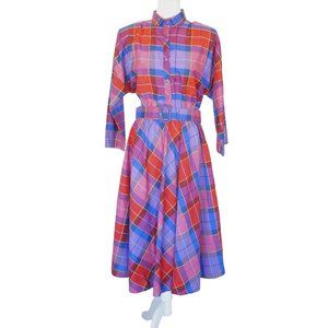 Vintage American Shirt Dress Purple Red Plaid Size 11 / 12 Midi Dolman Swing